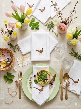 Elegant Pheasant Embroidered Dinner Napkins (Set of 6) - NWT hand embroidered